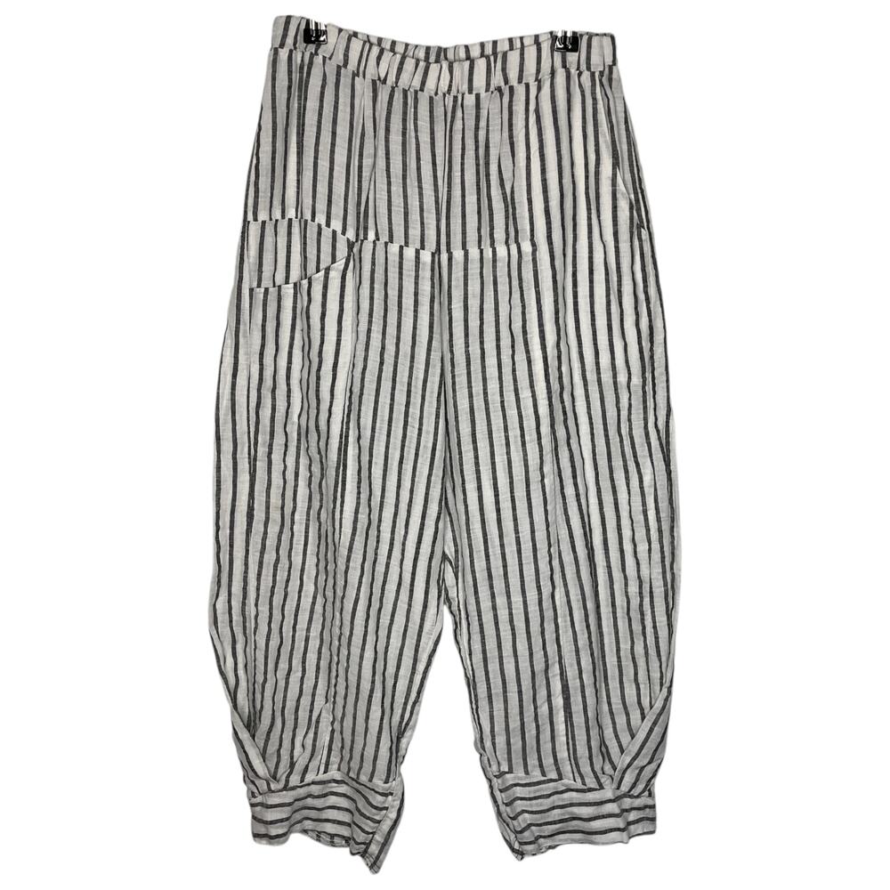 Cynthia Ashby Women's Barrel Pants S Marco Linen Cream Black Striped Boho Crop